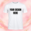 Custom T-shirt mockup with Your Design Here text on a white shirt against a pink and gold background