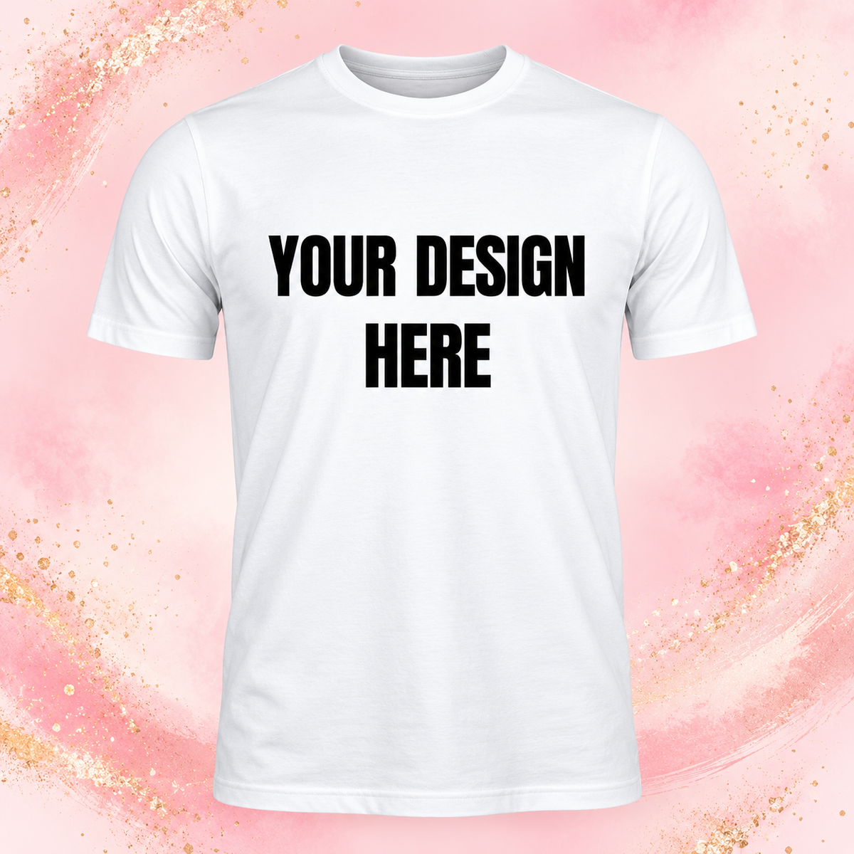 Custom T-shirt mockup with Your Design Here text on a white shirt against a pink and gold background
