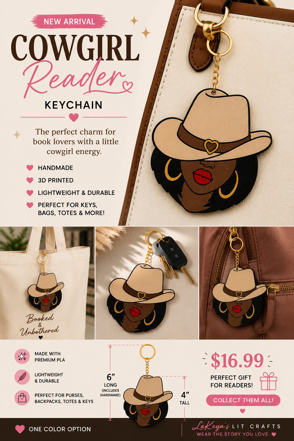 3D Printed Cowgirl Reader Keychain 🤠📚 | BookTok Purse Charm | Black Girl Magic