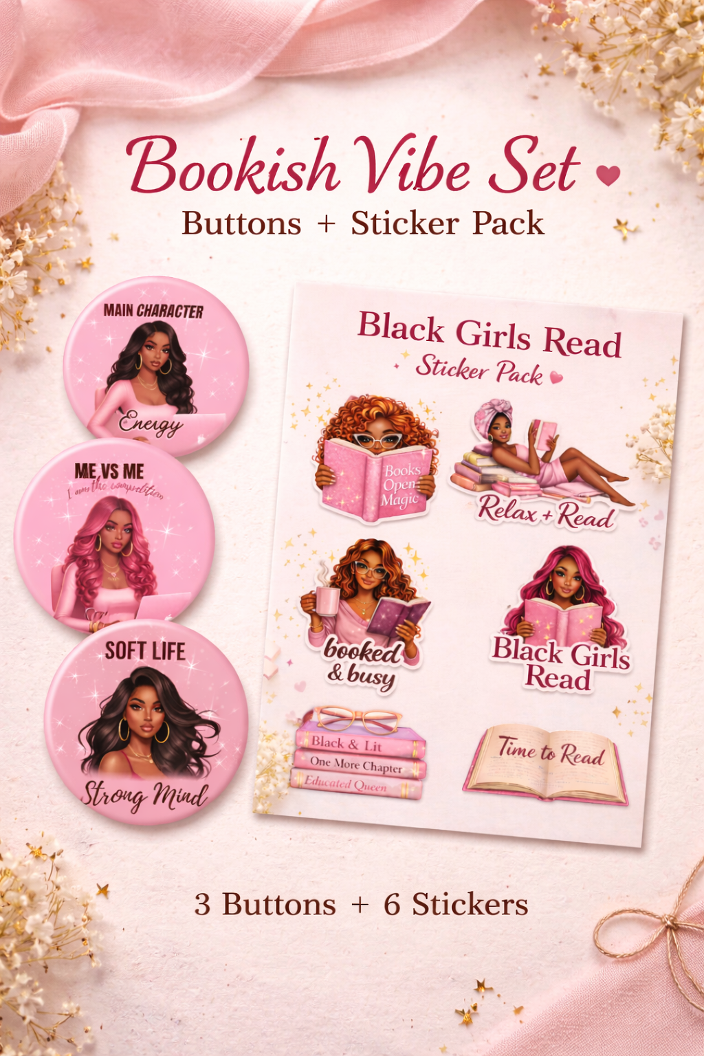 Bookish Vibe Set 💕 (3 Buttons + Sticker Pack)
