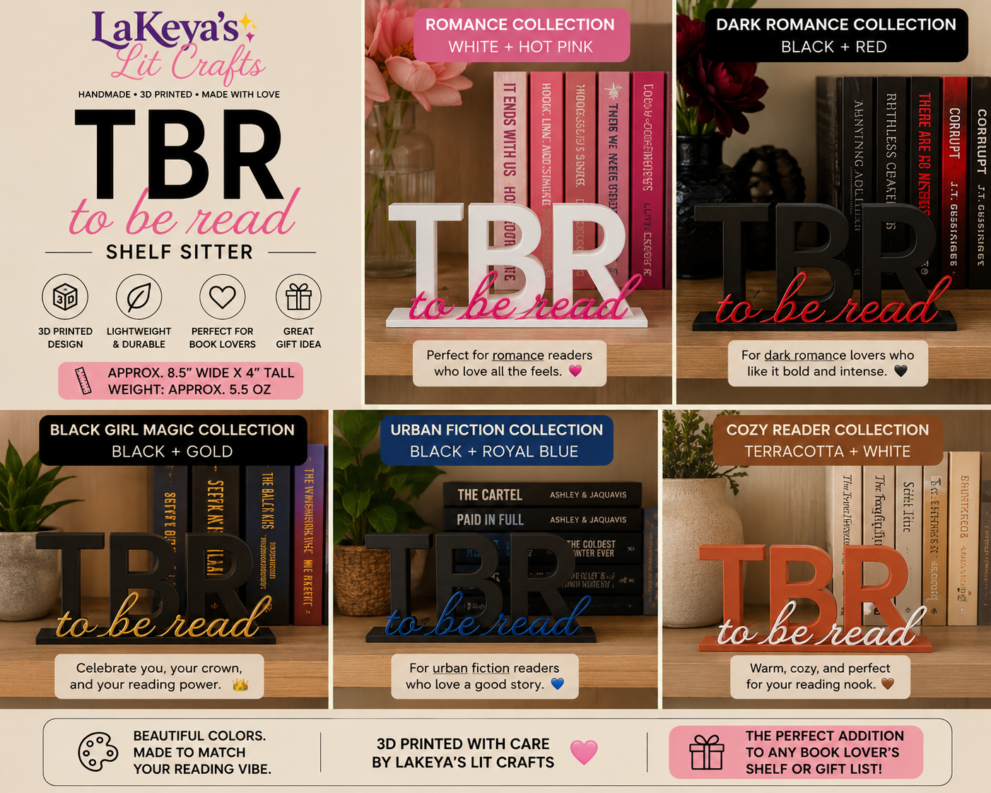 TBR To Be Read shelf sitter sign in 5 color collections: Romance white and hot pink, Dark Romance black and red, Black Girl Magic black and gold, Urban Fiction black and royal blue, Cozy Reader terracotta and white. Handmade 3D printed by LaKeya's Lit Crafts.