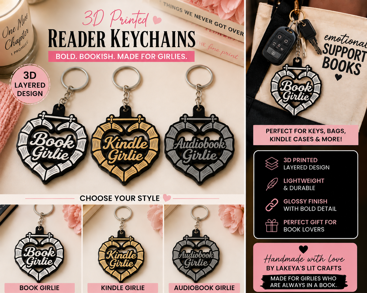 3D Printed Book Girlie Keychain ✨ | Kindle Girlie | Audiobook Girlie | LayeredBookTok Reader Charm