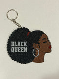 Black Queen keychain on white background showing full design