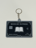 Bookish Express VIP Edition bag charm, 3D printed black credit card design with open book and decorative border