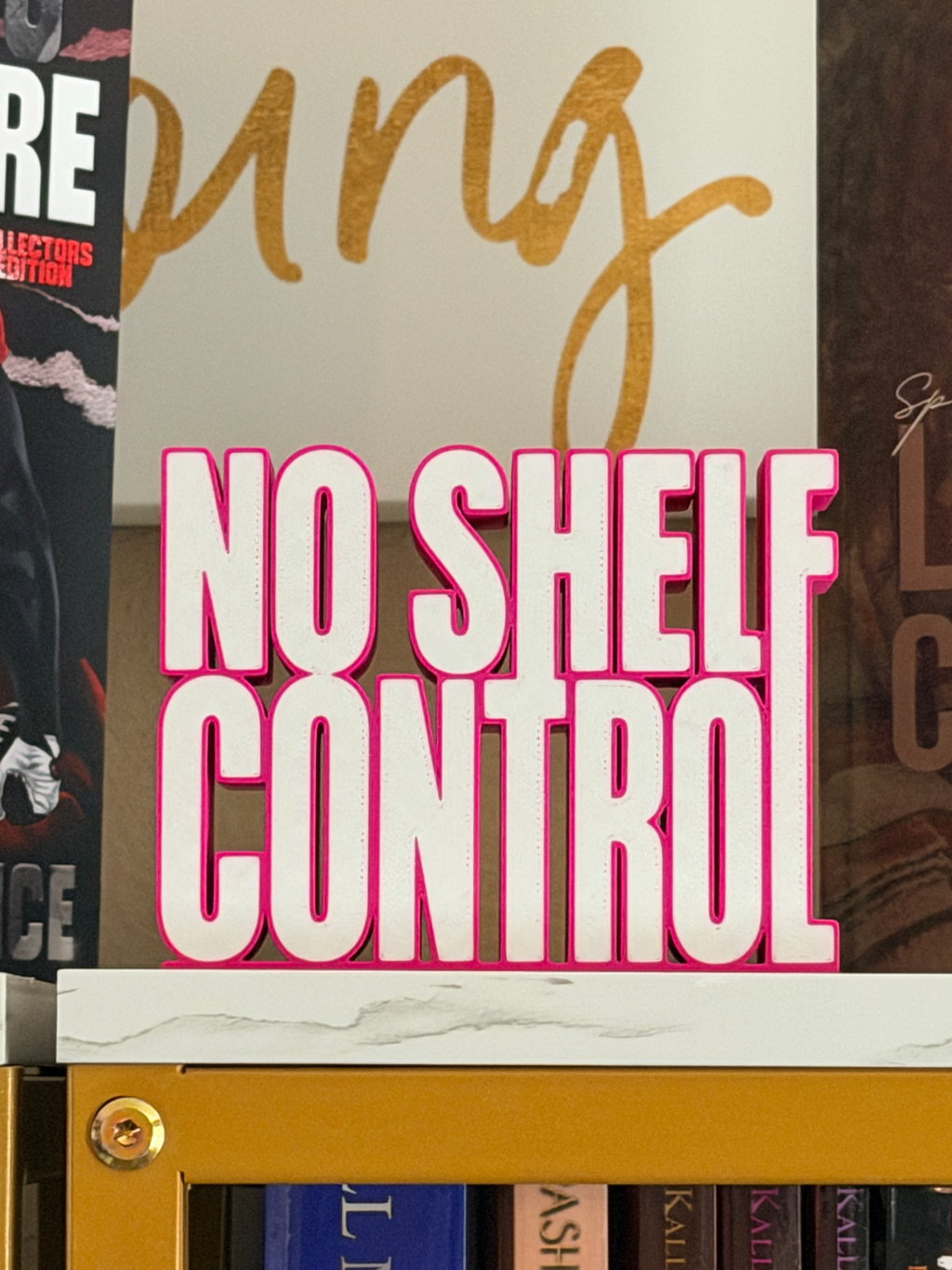 A magenta and white vinyl wall decal sticker with the text 'NO SHELF CONTROL' in bold, stylized lettering, shown applied to a glass shelf next to books.