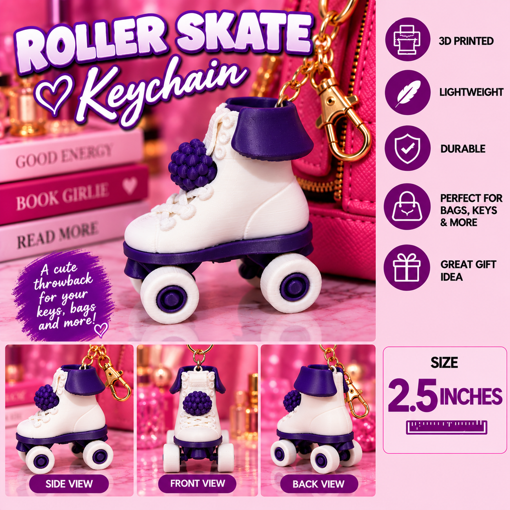 White and purple miniature roller skate keychain, shown from the side, front, and back