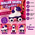 White and purple miniature roller skate keychain, shown from the side, front, and back