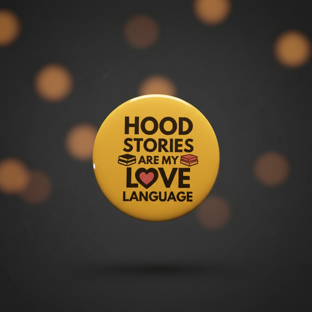 Hood Stories Are My Love Language Button Orange Mockup