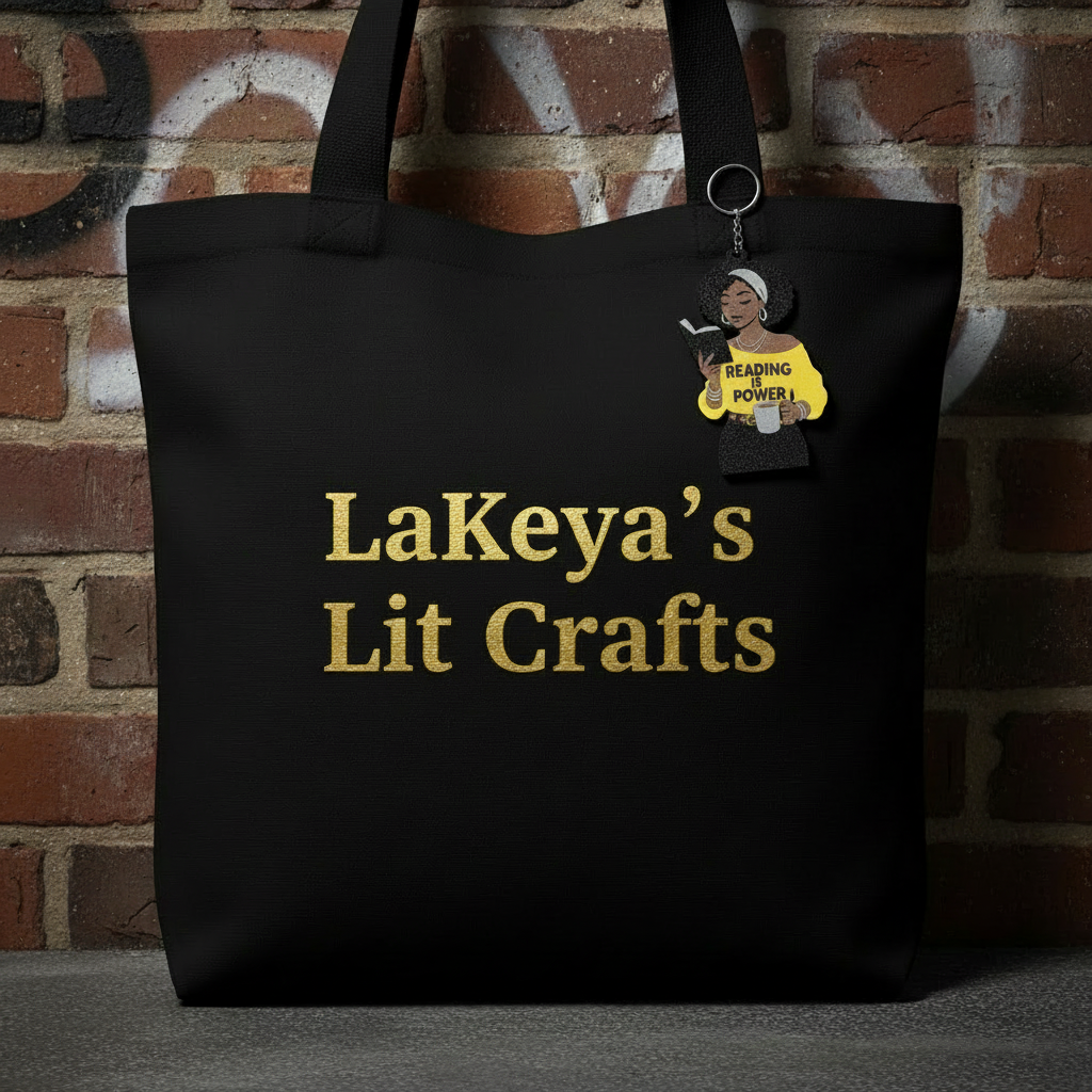 Reading Is Power keychain attached to a LaKeya's Lit Crafts tote bag